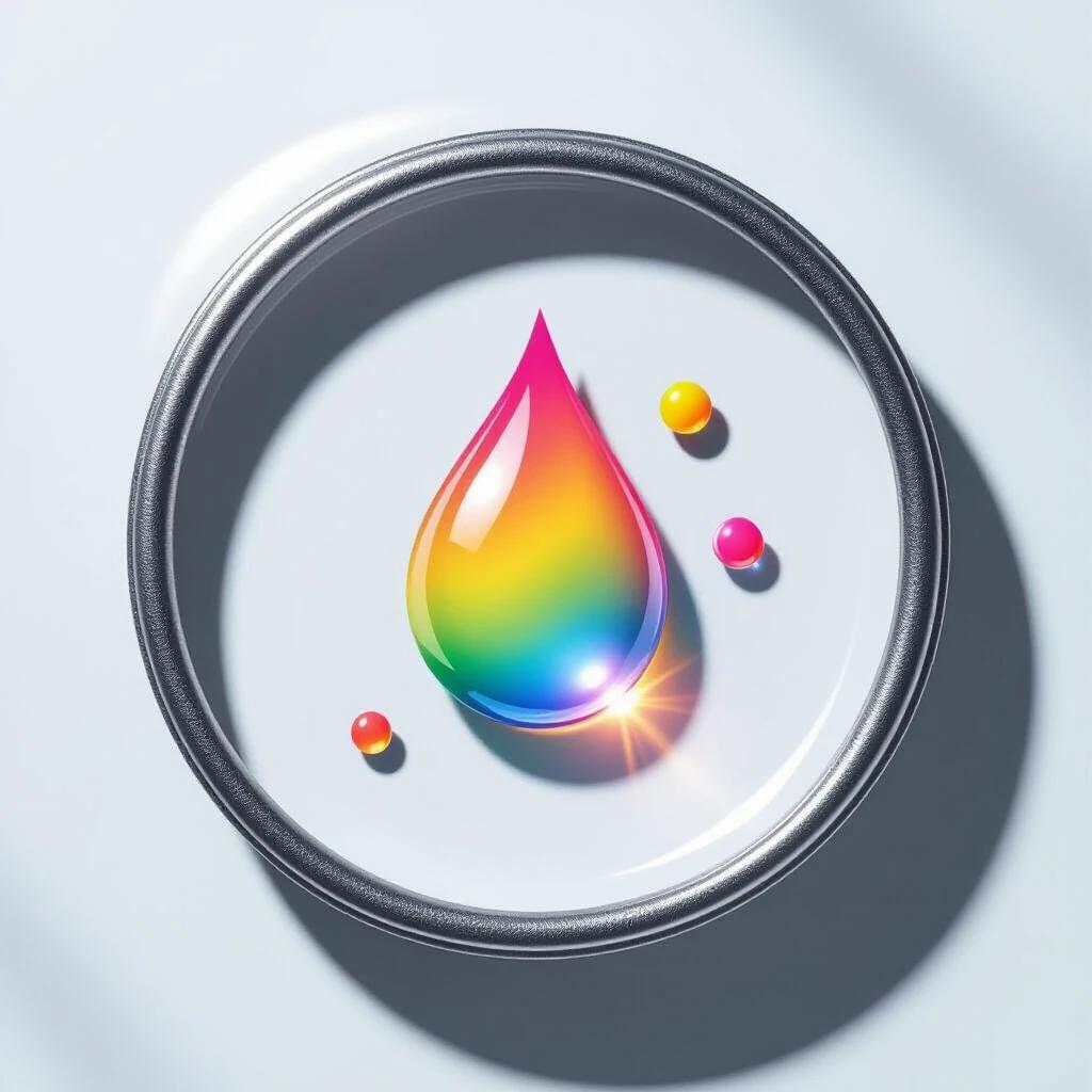 Minimalist icon featuring a silver brush tip. A large rainbow droplet is at the center. Three tiny splashes in pink, yellow, and magenta are around the droplet. Background is clean and white with soft shadows. The composition has 85% negative space, emphasizing color pops at small scales.