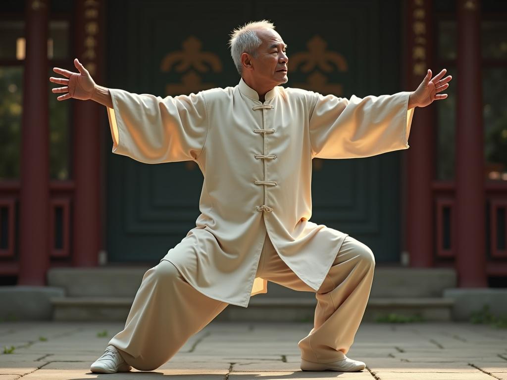 Cinematic image with a wide frame showing an elderly practitioner demonstrating Tai Chi Chuan. The focus is on their improved balance and flexibility, illustrating the health benefits of regular practice. The scene is captured from an aerial point of view, emphasizing the graceful movements. The lighting enhances the hyperrealistic details of the practitioner’s form and attire. Shot on an Arriflex camera for a high-quality visual experience, conveying serenity and focus in the art of Tai Chi.