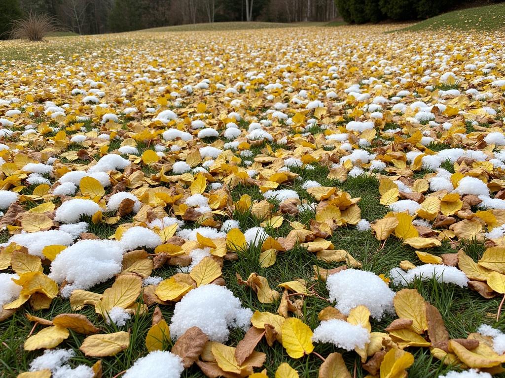 A grassy area blanketed with a mixture of yellow and brown leaves, some still clinging to the grass. The leaves are interspersed with patches of soft white snow, creating a beautiful contrast between the colors. The scene appears serene and peaceful, suggesting a quiet winter day. The grass underneath is slightly visible, adding texture to the composition. In the background, hints of trees can be seen, perhaps also dusted with snow.