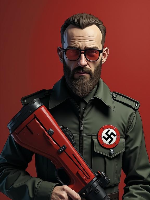 Character with a beard and sunglasses. Green military uniform. Holding a red nail gun. Lambda badge on chest. Dark red background.