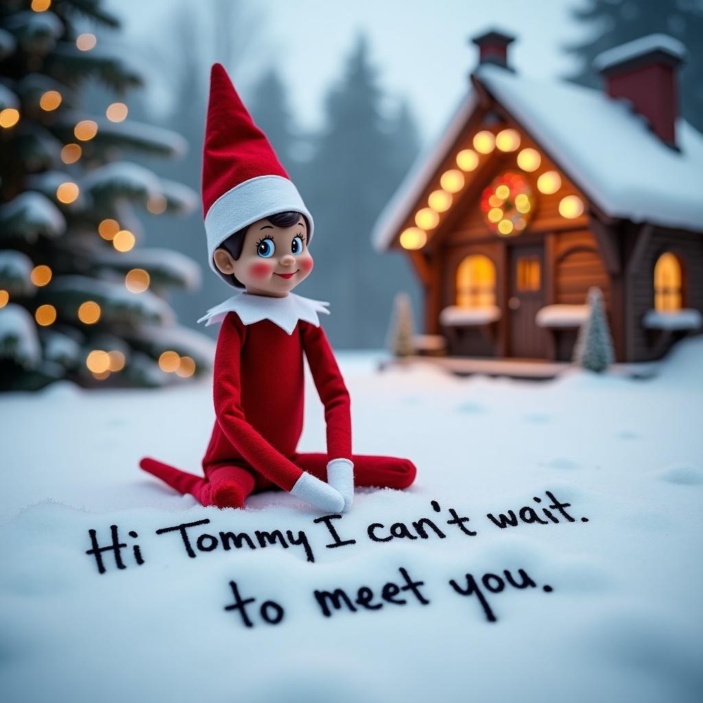 This image features an Elf on the Shelf in a snowy winter setting. The elf, dressed in classic red, is writing in the snow with a message for Tommy. Behind it, you can see a charming little holiday workshop with lights. The scene captures the enchanting spirit of Christmas. Soft snowflakes are falling around, creating a magical atmosphere. The elf's playful expression adds to the cheerfulness of the scene, evoking feelings of nostalgia and warmth during the festive season. It's a whimsical moment that reflects holiday joy.