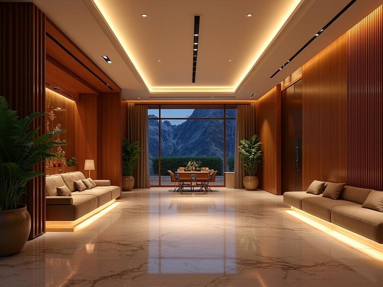 Lobby of a high-end hotel with futuristic decoration. Streamlined and high-end design. Nighttime setting with warm indoor lighting. Main subject positioned on the right side. Wide-angle view for cinematic look. Indoor photography style with realistic details. Aspect ratio 16:9.