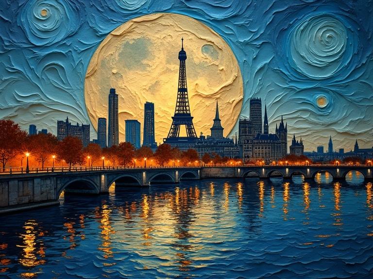 A digital artwork illustrates a Paris skyline at night with a full moon. The Eiffel Tower and Notre Dame are highlighted. The art features a thick, textured appearance with metallic colors. City lights reflects on the river under a starry sky. The scene has a layered composition with trees lining the riverbank. The overall look resembles papercraft with a vibrant color scheme and photorealistic details.