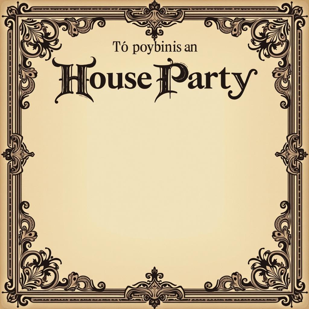 This is a vintage-style invitation card designed for a house party. It features ornate borders and elegant, antique fonts. The background is sepia-toned, enhancing its nostalgic appeal. The text includes details of the event, including the date and location. It expresses exclusivity, encouraging the recipient to keep the invitation private. The invitation is characterized by a sophisticated and warm design, appealing to a cultured audience.