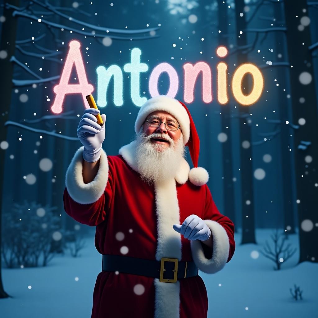 Santa Claus holds a glowing pen writing in the sky. Colorful letters spell Antonio. Snowy forest backdrop. Magical atmosphere.