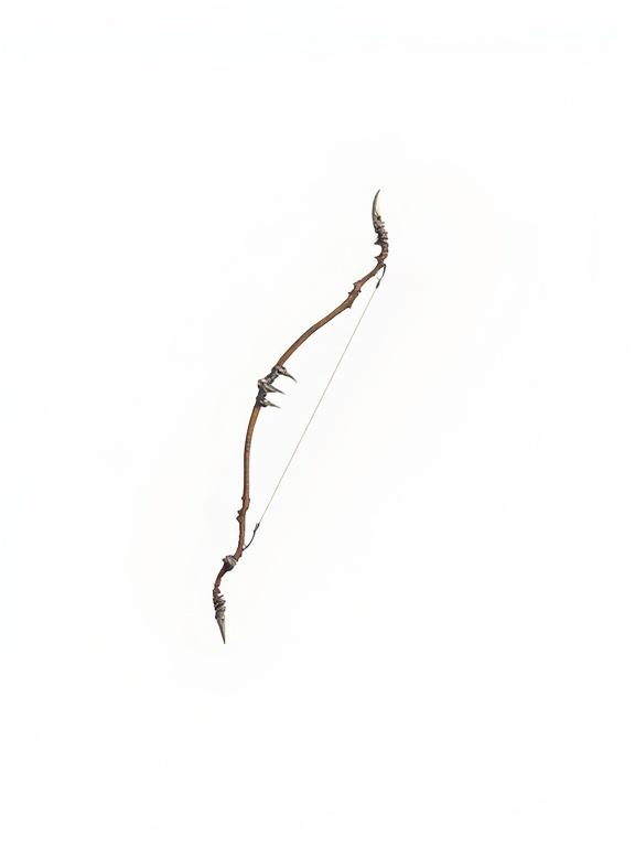 Dragonbone recurve bow with bowstring displayed on a transparent background. Ideal for ARPG game asset or icon representation. No additional elements included.