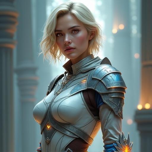 Full-body portrait of a brave female hunter inspired by a popular webtoon. She has short, wavy blonde hair and striking golden eyes. Dressed in light armor with silver and blue accents, glowing with magic. Her pose shows readiness for battle, exuding confidence. Athletic figure with soft lighting, dynamic background featuring ruins or a glowing forest, in a realistic style, highly detailed.