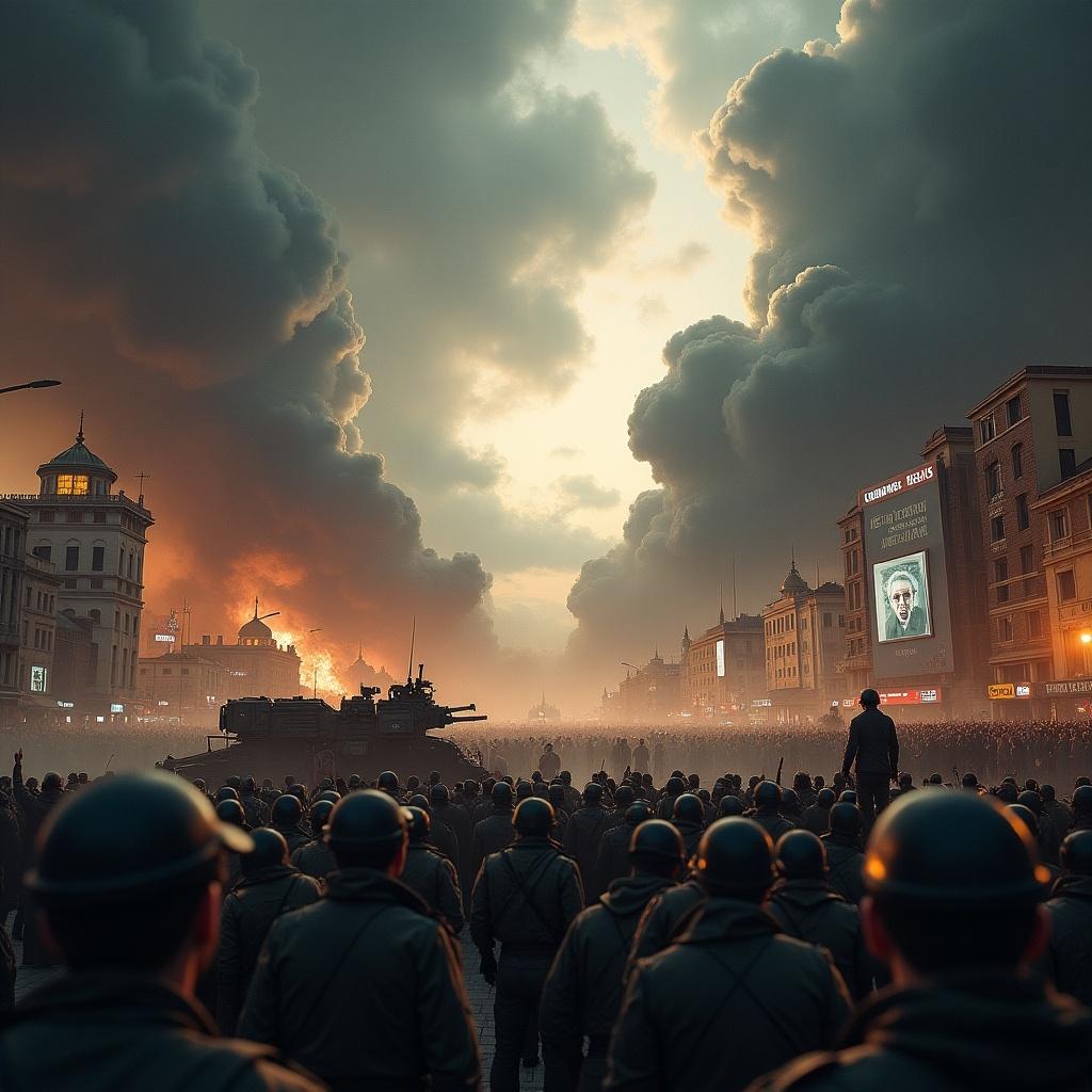 An intense scene depicting the start of World War 3, with a dark, tumultuous sky overhead. In the foreground, a large crowd of soldiers stands rigidly, facing a military tank that dominates the field. The skyline is filled with ominous clouds, and there's a sense of impending doom. Buildings in the background hint at a city under threat, with billboards that add to the tension of the scene. The overall atmosphere conveys fear and uncertainty, reflecting the seriousness of global conflict.