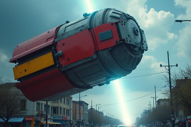 Cinematic scene with huge red blue yellow black and dark silver mechanical pieces flying towards bright white light. Small hole patterns and details with specular reflections. Realistic shadows and HDR with dark cloudy sky. Urban streets with traffic, people, and stores under dark blue filter.