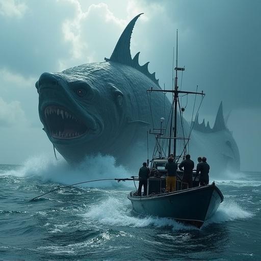 Dramatic ocean scene with a fishing boat and a giant fish. Group of five people on the boat reacting to the enormous creature. Fish has rough scales and glowing eyes. Waves splashing against the boat. Dramatic lighting with storm clouds. A tense atmosphere at sea.