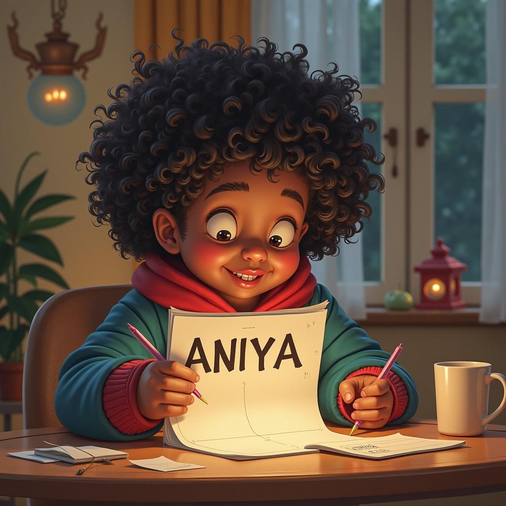 A young child is happily writing the name 'Aniya' on a piece of paper. The child has curly hair and is wearing a colorful hoodie. The scene is warm and inviting, with soft lighting from a window and a lamp. The desk is scattered with various papers and a cup, suggesting creativity and fun. The child's expression is one of delight and concentration. This image captures a moment of joy in a child's imaginative play involving the concept of a naughty list.