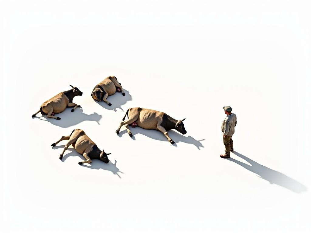 The image features a small group of four realistically depicted cows on a plain white background. The perspective gives a bird's eye view, looking down on them diagonally. Some cows are lying down, others are eating, and one is looking around. A farmer stands nearby with his hands on his hips, observing the cows. The shadows are clearly defined and extend towards the bottom right, emphasizing the scene's depth and realism.