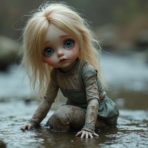20-year-old beautiful ball-jointed doll on knee, leaning to the side, bright sky blue eyes, small pupils, striking eyes, abandoned and washed away in river flows, dirty and broken, sad and crying, shiny reflection with intricate details, 8K photorealistic
