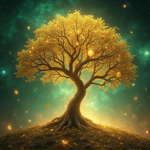 Highly detailed image of a tree shaped like a symbol of prosperity with branches like wealth and growth. Tree is radiant with golden leaves and shimmering coins hanging from branches. Background shows a vast glowing universe filled with stars and galaxies in hues of green, gold and blue. Evokes financial prosperity and cosmic energy.