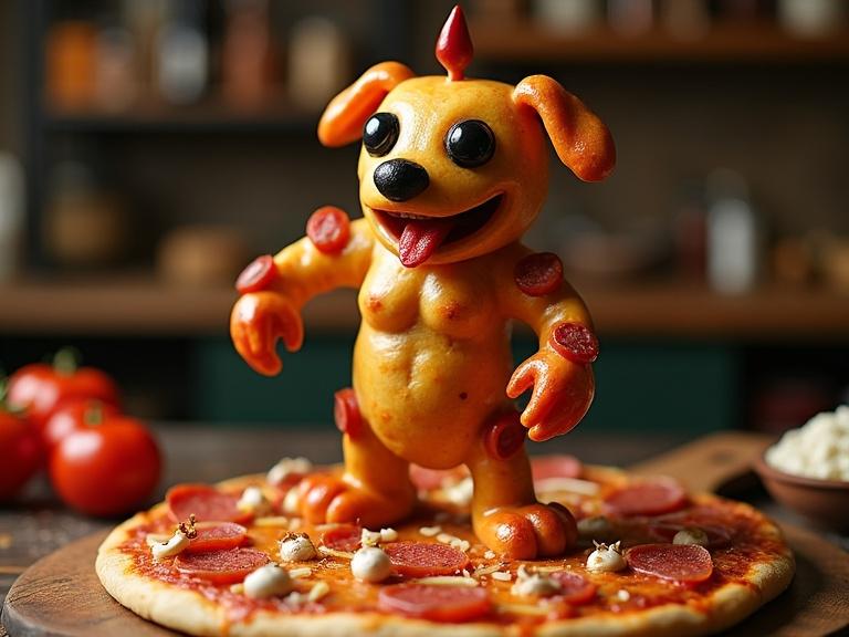 A whimsical humanoid character made of pizza toppings is in a doggy position. The character has a crust torso and melted cheese joints. Pepperoni forms the arms while bell peppers are the fingers. Black olives serve as eyes and a tomato slice is the mouth with a chili tongue. The character has mushrooms, onions, and sausage as armor. It poses heroically on a pizza peel over a rustic counter alongside scattered ingredients. Warm lighting adds depth to the playful and detailed style.