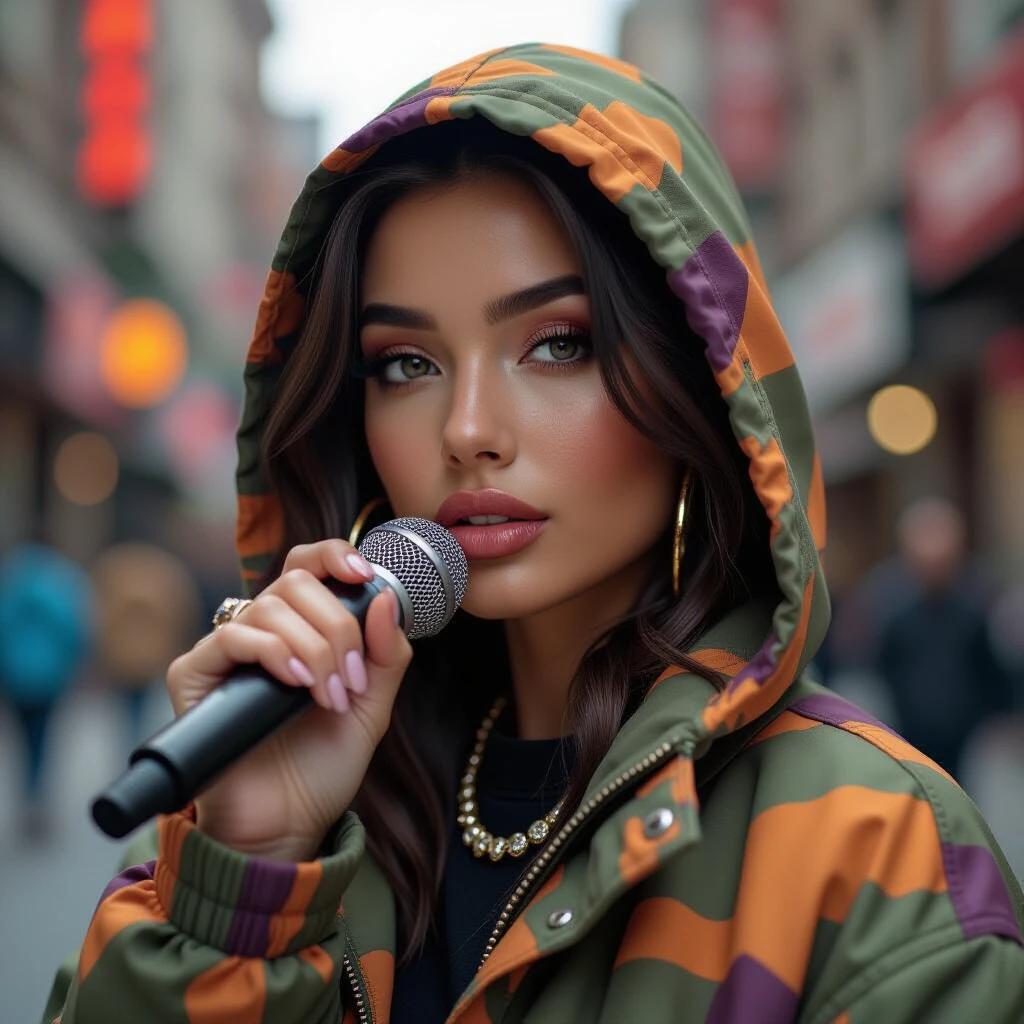 Close-up shot of a female rapper performing on the street. Model displays skin texture and realistic features. Dressed in oversized hypebeast suitable clothing with vibrant colors. Flash photography captures unique perspective.