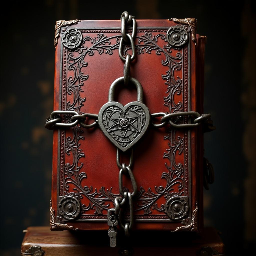 The image showcases an intricately designed grimoire cover made of leather and medieval parchment, representing themes of theistic Satanism. The cover is adorned with ornamental details and is secured with a broken spell padlock and chains, giving it an aura of mystery and occult significance. The dominant colors are deep red and dark metallic tones, enhancing its gothic appeal. This book signifies forbidden knowledge and dark magic, drawing attention to its elaborate lock. The dim, dramatic lighting adds to the overall haunting atmosphere, making it a compelling visual for fans of fantasy and occult lore.