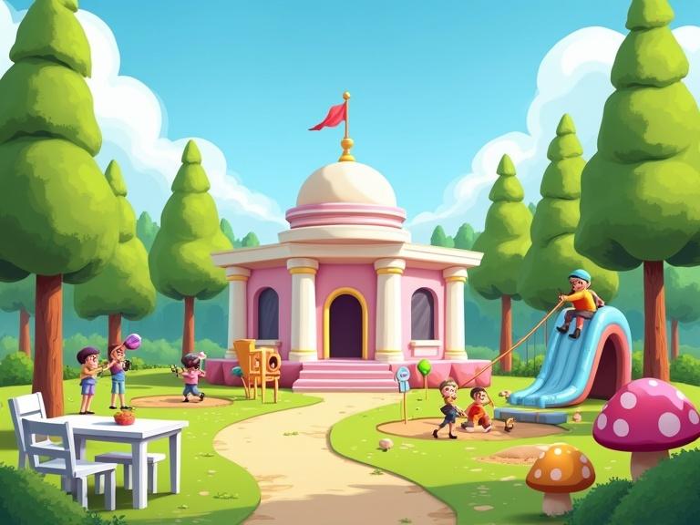 Cheerful kids playing in a park during an event. In the background there is an inflatable palace that resembles a neoclassical building. The scene includes tall green trees and a bright blue sky with fluffy white clouds. A playground features a large inflatable slide. Kids are playing paintball near tires and doing archery. There are two kids playing in a sandbox and a treehouse with a ladder and zipline. A girl is riding the zipline. Colorful mushrooms and a white plastic table with chairs are present. The style is clean with no textures and has soft shadows.