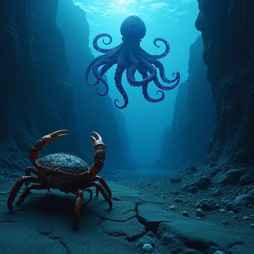 Ultra-realistic depiction of a deep-sea trench. Mysterious ambiance with dramatic underwater lighting. On the left, a massive armored crab with coral and barnacles. On the right, a giant octopus with bioluminescent patterns. Cracked ocean floor in between. Tension-filled atmosphere.
