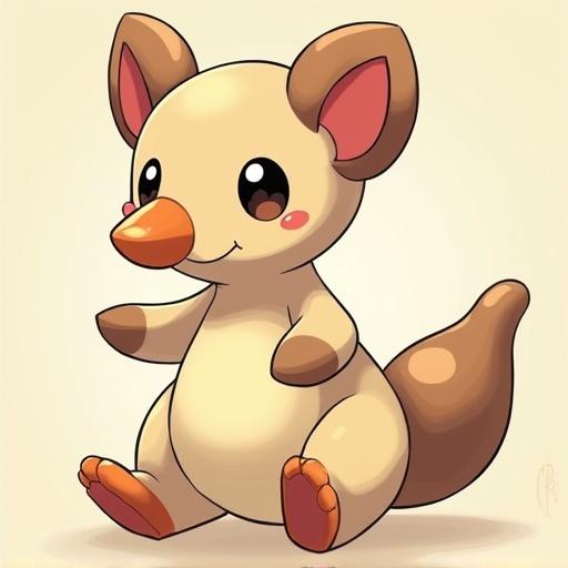 Plushie type aardvark character in Pokemon art style. The character has cream color with brown and peach accents. Soft and cute expression. Cozy and whimsical ambiance created with colors. Character is sitting and looking friendly.