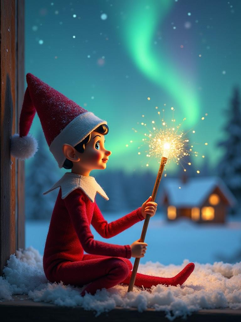 An elf with a red outfit sits in the snow. The elf gazes at the vibrant northern lights. The elf holds a glowing wand producing sparkles. A cozy cabin with warm light is present in the background. Snow blankets the ground and adds to the charming winter atmosphere. The name ‘Kian’ is illuminated from the wand as a symbol of magic.