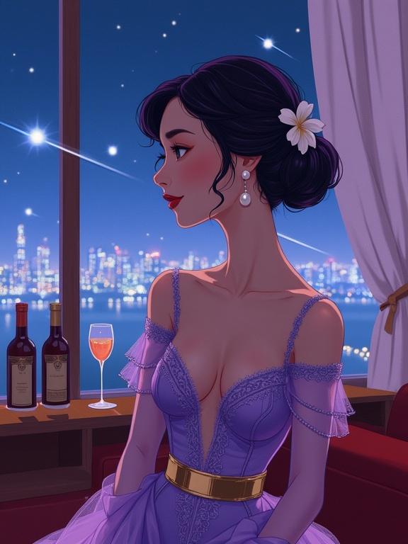 Anime illustration in vintage film style featuring a beautiful East Asian woman with dark violet hair styled in an updo. She wears a purple gown with lace and a golden belt. Soft lighting showcases her serene smile. Captured in a retro lounge with a nighttime city view and shooting stars, featuring wine bottles on a shelf.