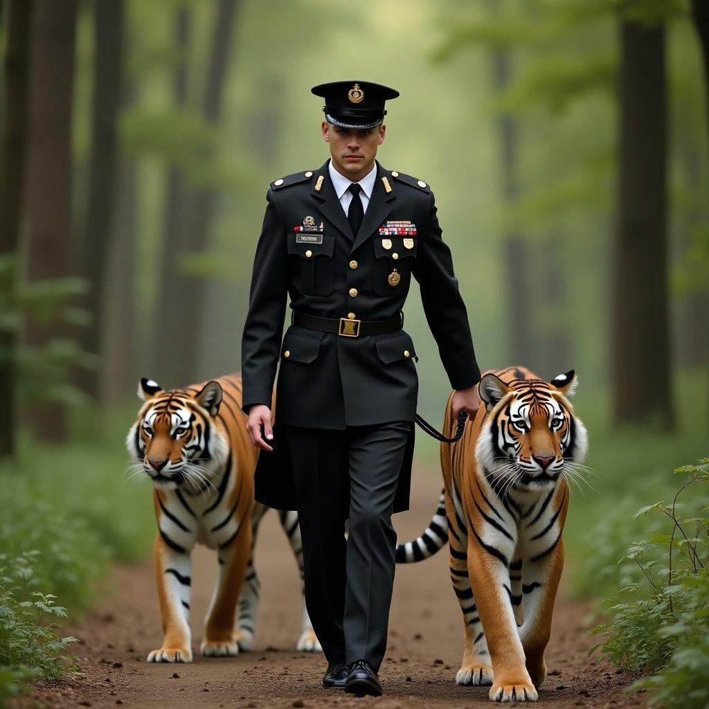 Young army officer in military attire walks with tigers on leashes in a dense forest.