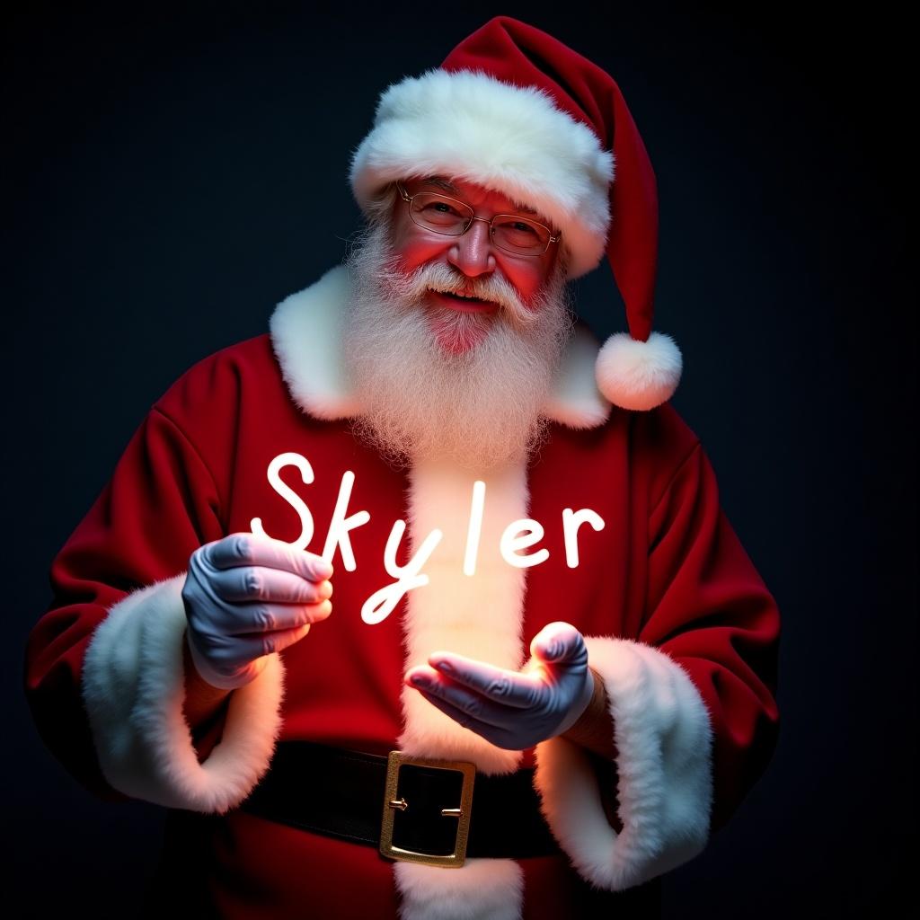 Santa Claus in red and white suit holds glowing name Skyler. Jolly expression conveys warmth and holiday cheer. Dark background enhances the glow of text. Captures magic of Christmas.