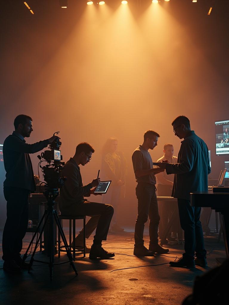 Digital artwork of independent artists in a creative space. Group of filmmakers musicians actors and writers engaged in their craft. Cinematographer adjusts camera. Musician plays piano. Screenwriter writes script. Actor stands in spotlight. Background has entertainment elements. Rich golden light adds depth and warmth.