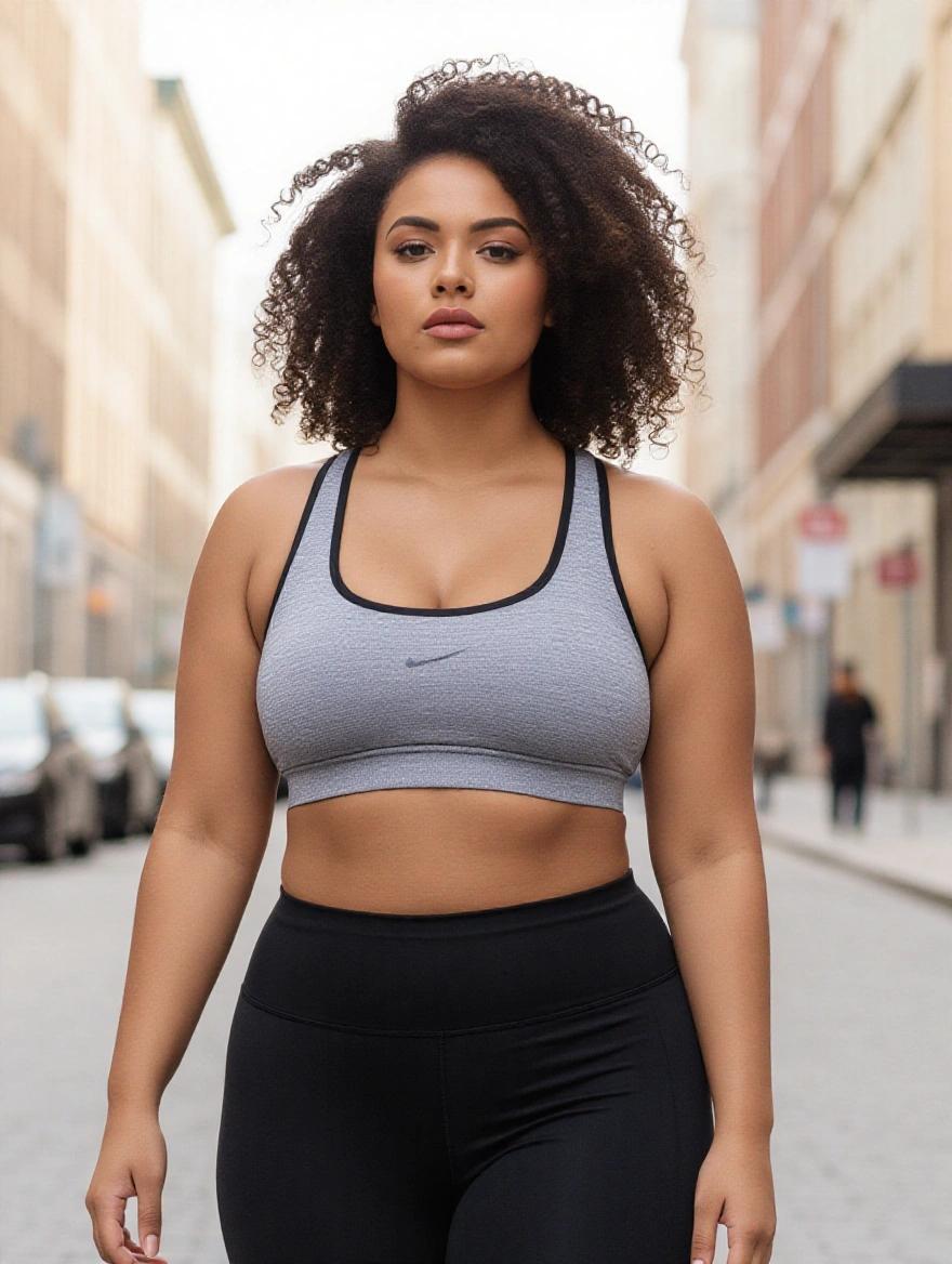 young plus-size woman wearing a sports bra and leggings walking in the street
