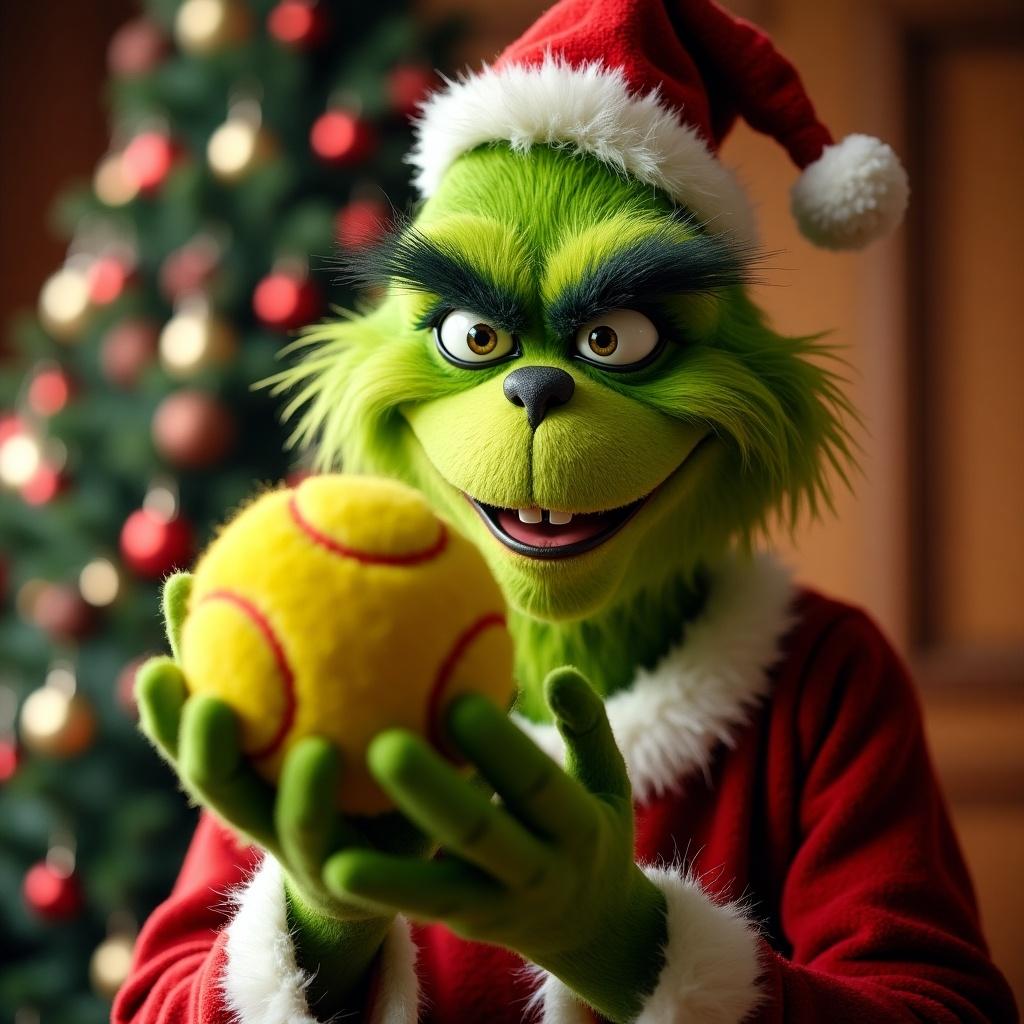 The Grinch holds a yellow softball near a Christmas tree. The background is decorated with holiday ornaments. The character is wearing a Christmas Santa hat. Focus is on the Grinch's expression and the colorful tree.