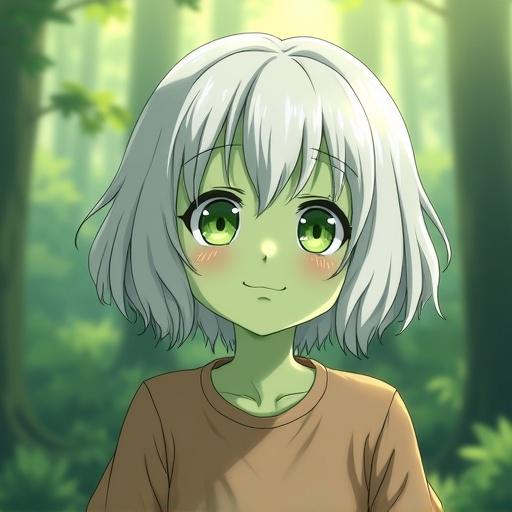 A girl with green skin and white hair in a forest clearing. She has green eyes and wears brown clothes. The character appears very cute and human-like with a smile.