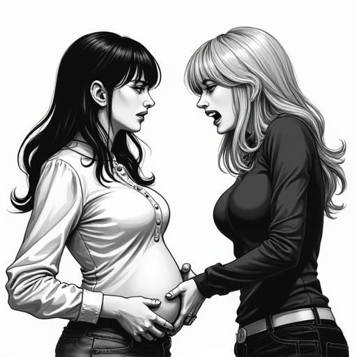 Illustration features two women. One woman with a pained expression. Other woman appears to be delivering a punch to the stomach. Monochrome style emphasizes emotion. Scenes depict violence and impact. Focus on facial expressions and physical interaction.