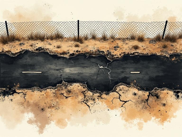 Top-down view showing dry desert ground with cracks. A damaged asphalt road with fissures cuts across. A chain-link fence is visible at the top. Composition is done in ink with chaotic brush strokes and textures. Scene evokes a war-torn, chaotic atmosphere.