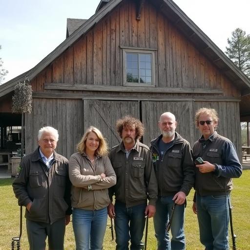 Five ham radio operators standing together wearing nerdy clothing. They hold pitchforks and walkie talkies. They are in front of a hip roof barn in a green field under a clear sky. The barn features wooden siding and a vintage style.