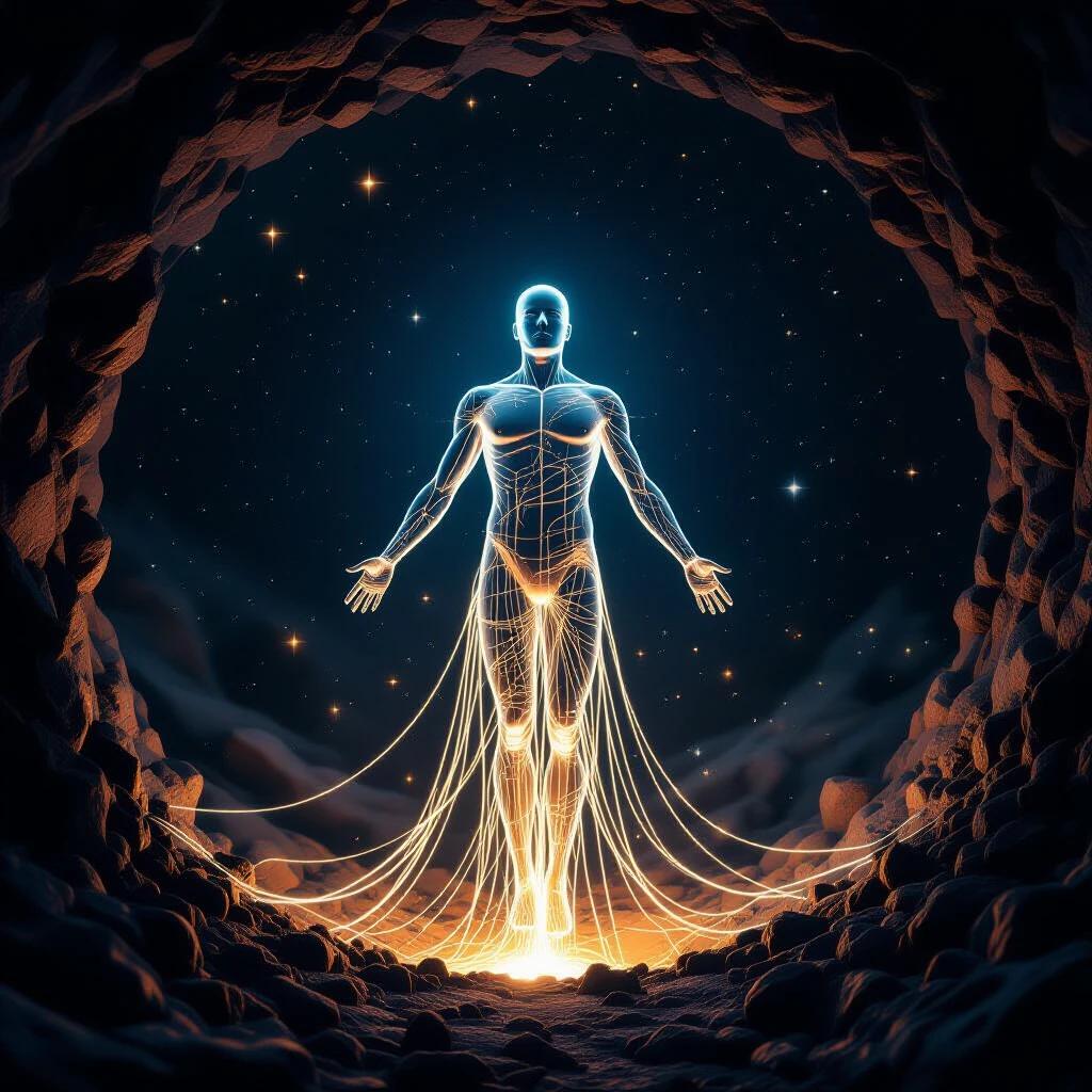 A surreal scientific representation of a human undergoing spaghettification in a black hole. Body stretches into luminous strands from feet to head. Visible process illuminated by a theoretical light not absorbed by gravity. Dark and distorted surrounding space with warped space-time lines. Human figure expresses consciousness while transforming into energy threads. Realistic style with artistic touch and contrasting dark colors with bluish and golden highlights.