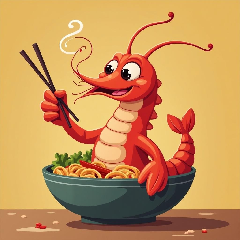 A cute smiling prawn enjoys a bowl of noodles while using chopsticks. The prawn has a friendly expression and is animated in style.