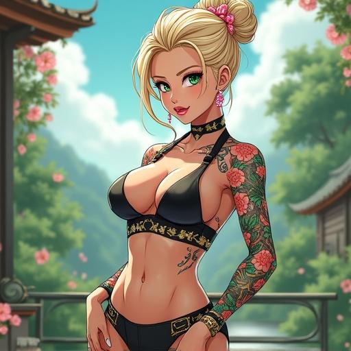 Anime image depicting a beautiful woman with emerald green eyes and light blonde French bun. Features include light pink diamond jewelry, traditional Japanese tattoos, and a futuristic background with a luxurious garden. The character has cybernetic elements and is wearing an elegant pinstriped suit suited for a board leadership role.
