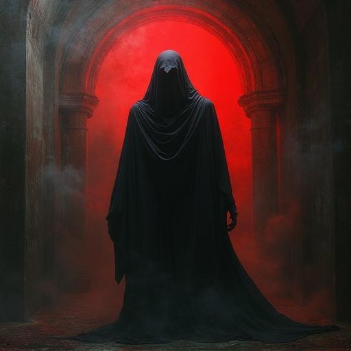 A dark figure in a flowing black robe stands in an archway. The background is illuminated with an ominous red glow. The atmosphere is shrouded in fog and mystery. The figure appears to be a shadowy entity, evoking fear and intrigue.