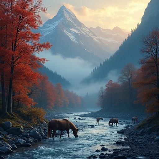 A digital painting with a Swiss Alps landscape during autumn. Horses drink from a rocky river surrounded by fog. The scene features vibrant blood red and orange trees under a soft glow of light. Mountains loom in the background creating a highly detailed atmosphere.