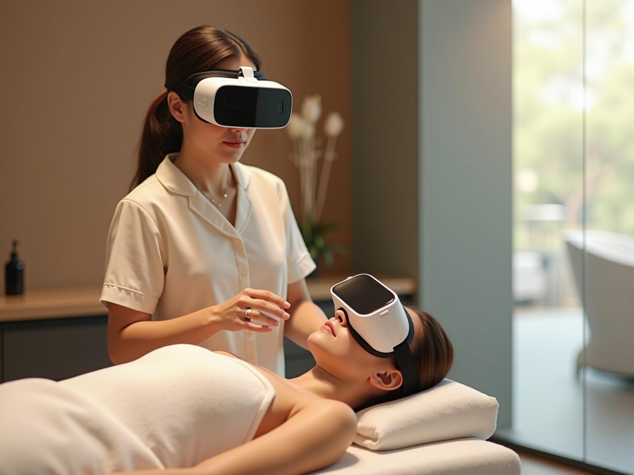 Recreate a high-quality, photorealistic 4K image of a modern massage hall, depicted in landscape format. The scene should feature a spa assistant learning to massage a customer using a VR headset. The VR headset should be white with a black screen at the front, similar to the style in the original image. The spa assistant should wear a modern cream-colored uniform typical of a spa setting. Ensure the environment reflects a calming spa atmosphere with soothing colors and lighting, and be careful to maintain the original proportions of the image. Lastly, avoid including any text, logos, or icons in the image.