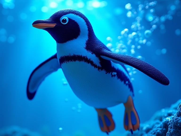 Vibrant 3D penguin swimming in a blue ocean. Bright bubbles around the penguin. High contrast colors contrasting against a blue background.