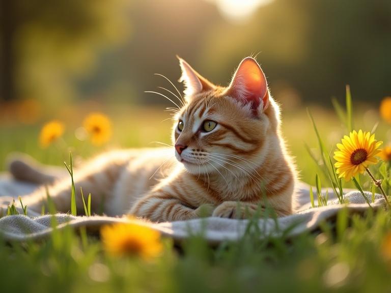 A relaxing cat lying on a blanket in a field of flowers during summer near the sunset. Ultra realistic look, captures the coziness of nature.