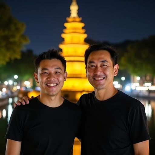 Two middle-aged men smiling at the camera. One man has short black hair wearing a black T-shirt. The other man has short hair wearing a black shirt. They stand in front of a yellow ancient pagoda. Night cityscape with trees and lights in the background. Water surface reflects the lights. Soft light creates a pleasant atmosphere.