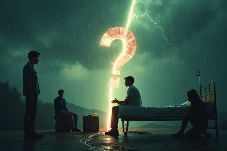 Conceptual thumbnail featuring a young man on a hospital bed facing a divide. Background shows blurred figures representing family tension, with a question mark overlay. Stormy weather enhances emotion. Color palette involves muted tones with a warm glow around the central figure.