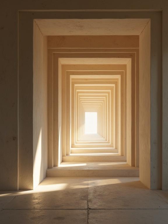 Rectangular passageway with multiple layers leading towards a bright end. The walls are softly illuminated with alternating light and shadow. The arrangement creates a sense of depth and perspective.
