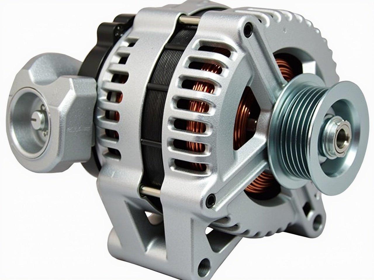 This image shows an automotive alternator, which is a device used to generate electrical power in vehicles. The alternator is predominantly silver with a shiny surface, indicating its metallic construction. It has various components, including a pulley on one side, which is used to connect to the engine for powering the alternator. The internal wiring is visible, showing copper coils that are essential for generating electricity. The alternator is designed to ensure the vehicle's battery stays charged while the engine is running.