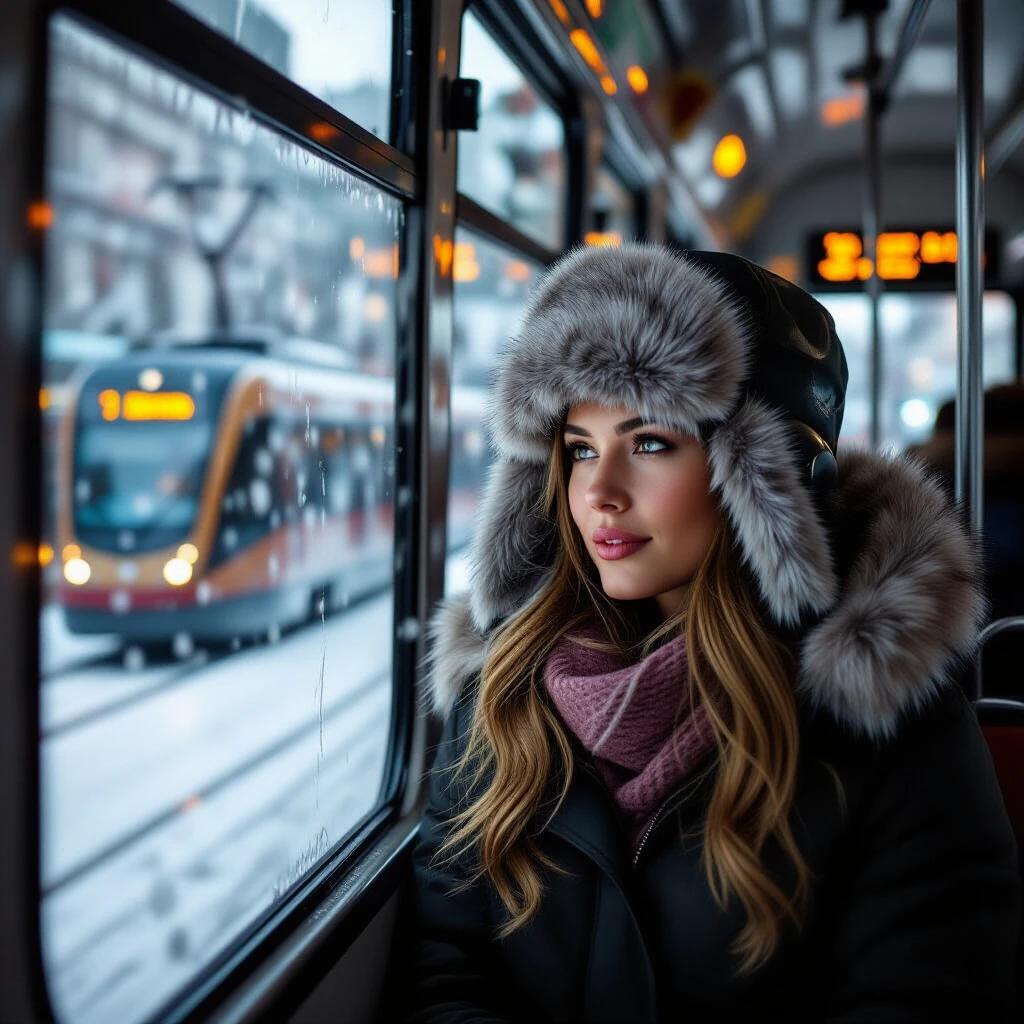 Woman dressed warmly in black fur coat with a fur ushanka hat. Tram windows show light snowfall. Urban winter scene with fogged glass.