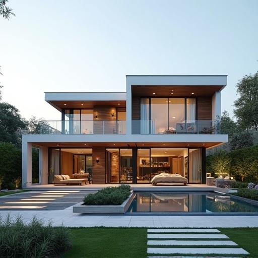 Image features multiple houses. First house is a studio with 60m2. Second house is a standard family house of 80m2. Third house is a villa with 100m2. External view showcasing houses in realistic setting.