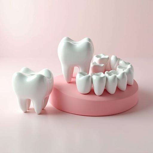 3D elements of dentistry displayed on a contrasting background. Featured items include teeth models and related dental tools such as toothbrushes and floss.
